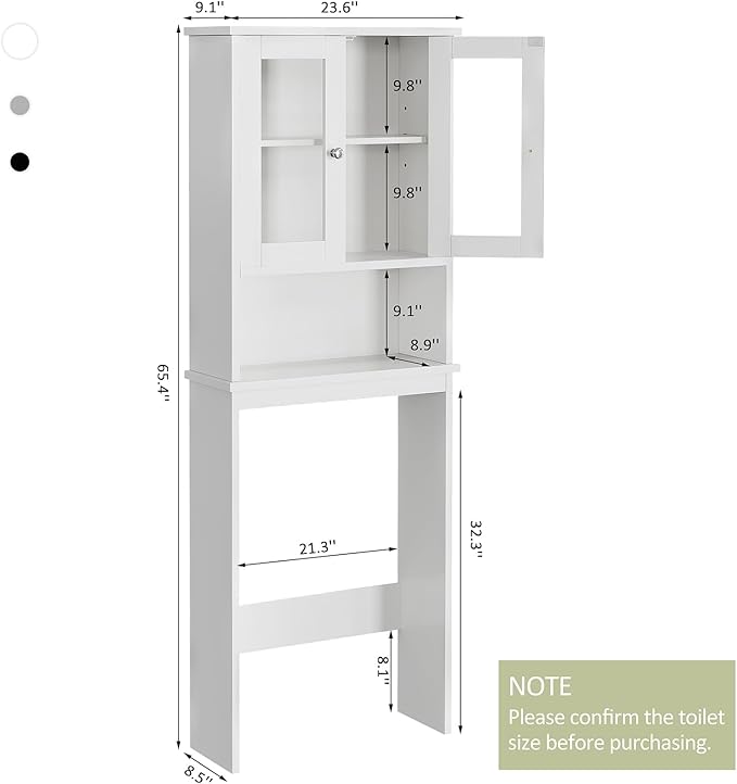 Meilocar Over The Toilet Storage Cabinet for Bathroom, Storage Organizer Over Toilet, Space Saver with Tempered Glass Doors, White