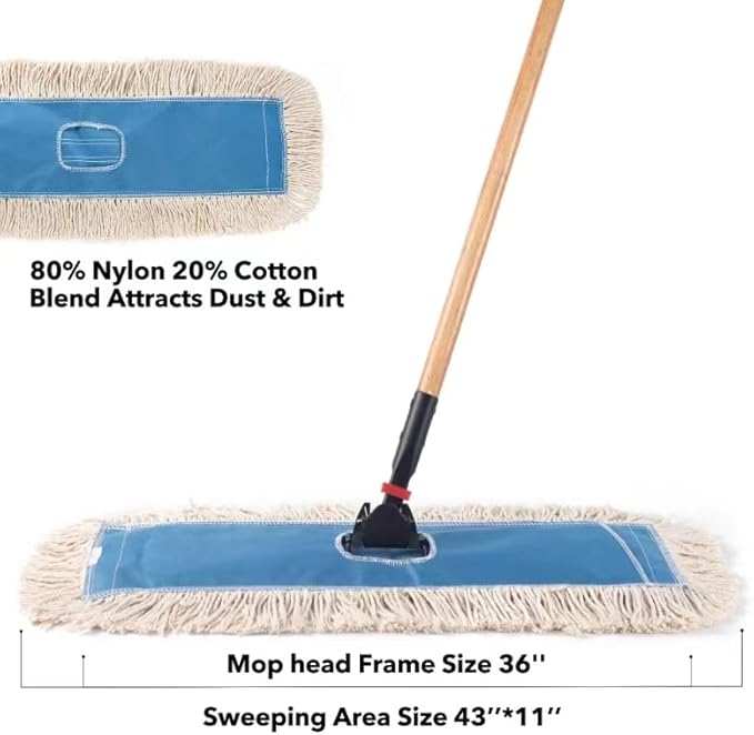 Matthew Cleaning 36'' Industrial Strength Cotton Dust Mop Refill Washable Replacement Heads for Residential & Commercial Use Fit Standard Dust Mop Frames, Hardwood, Concrete Floors Blue&White 6 Pack