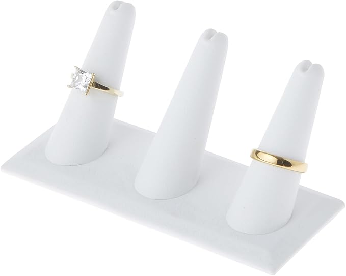 Plymor White Faux Leather Ring Finger Display, Three on Rectangular Base, 4.875" W x 2.25" D x 2" H (Pack of 12)