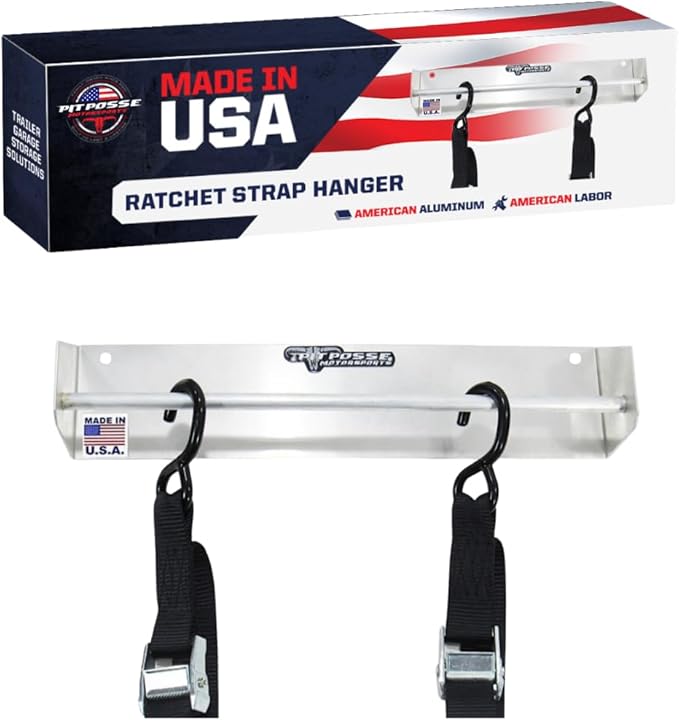 Pit Posse 464 Tie Down Hanger Holder Aluminum Rack - Made in USA - Wall Mounted for Enclosed Race Trailer Garage Shop Storage Organizer- Holds Tie Downs, Ratchet Straps, Bungee Cords (Silver)