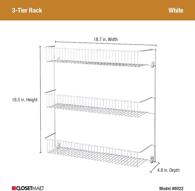 ClosetMaid 3-Tier Hanging Wall Mounted Metal Rack for Spices, Shelf Storage, Pantry Organization, Laundry, Kitchen, Bathroom, White, 8022