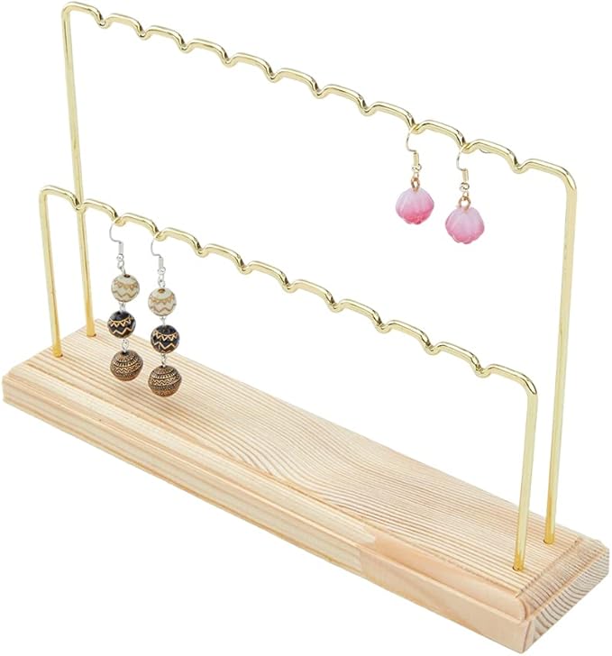 1Pcs 2-Tier Wood Earring Display Stand 8.66x5.9x1.97 Inch Long-Lasting Plated Metal Hanging Bar Stand with Iron Findings Golden Display Stands for Bracelet Necklace Earrings