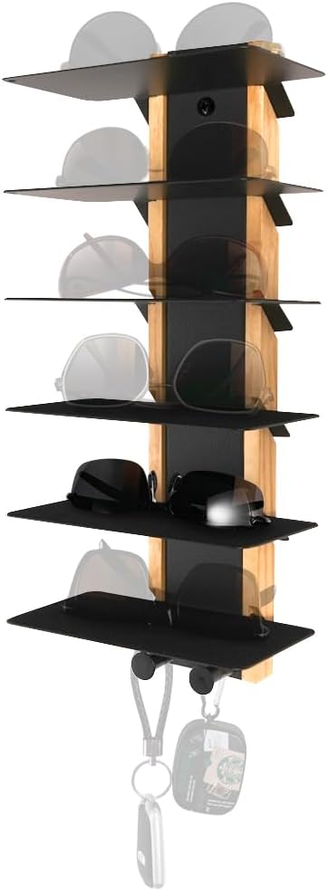 J JACKCUBE DESIGN Sunglasses Storage Organizer Wall Mounted 6 Eyeglasses Display Holder Shelf Rack, Eyewear Hanging Rack with Metal Hooks (Black)- MK1030A