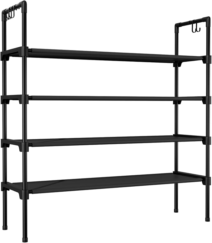 4 Tier Shoe Rack for Closet Shoe Organizer with 5 Hooks, Long Shoe Shelf Storage for Shoe and Boot Stackable Free Standing Shoe Rack for Entryway, Garage, Small Spaces, Dorm, Black