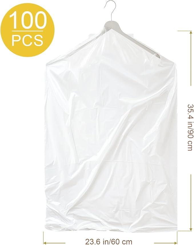 100 Pack Clear Garment Bags for Clothes, Gretchin,(Set of 100, 60x90cm), Plastic Garment Bags Dry Cleaner Bags Plastic Clear Dry Cleaning Bags for Hanging Clothes Storage