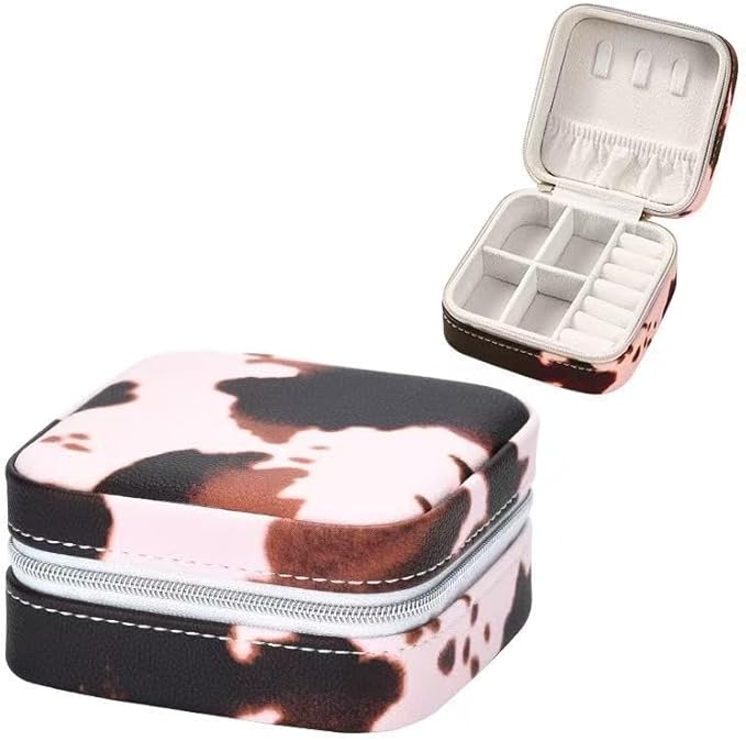 Jinglong Cattleprint Travel Jewelry Box, Compact and Adorable Doggy Jewelry Organizer, Suitable for Rings, Necklaces, and Earrings, Portable Jewelry Storage Box (Pink and white cow pattern)