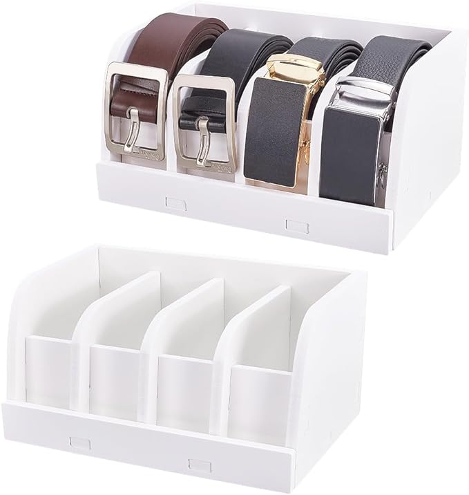 PH PandaHall 2 Pack Acrylic Belt Organizer, Belt Storage Holder with 4 Compartments White Belt Organizer Rack for Bedroom Closet and Drawer, Men and Women, Space-Saving Design