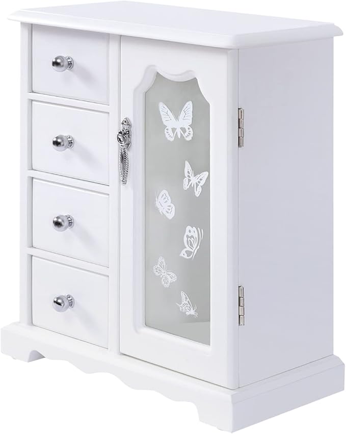 White Jewelry Box - Wooden Makeup and Accessories Organizer with 4 Drawers - Rotatable Hook with Large Mirror Dresser Decor - Wood Jewelry Case with Mirror for Necklaces, Earring, Rings