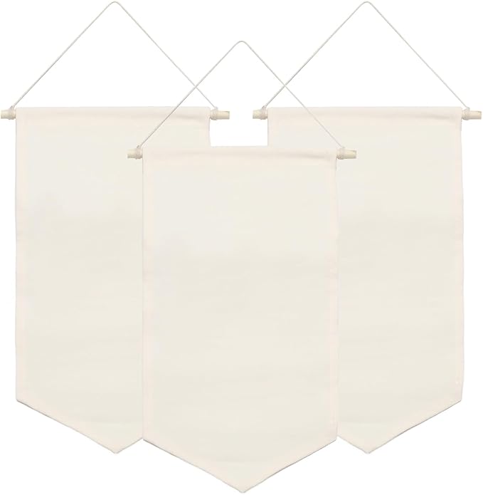 3 PCS Canvas Banner Blank with Wooden Dowel, Canvas Banners Wall Hanging Brooch Jewelry Badges Display, Enamel Pin Wall Organizer for Buttons Earrings (White, Small)