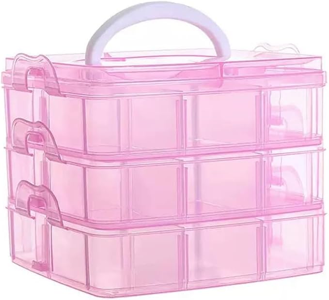 3-Tier Hair Accessories Storage Box, Clear Plastic Organizer with Handle, 5.9 x 5.9 x 5.1 in (Pink, 5.9 x 5.9 x 5.1 in)