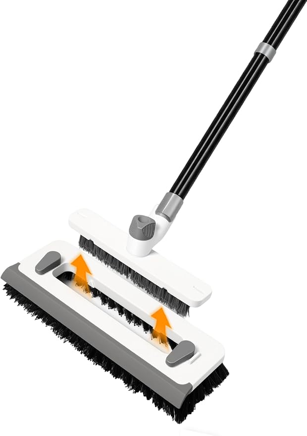 3 in 1 Floor Scrub Brush with Long Handle 55" Push Broom Stiff Bristle Scrubber Brush Squeegee Scrape & Detachable V-Grout Brush for Bathroom Kitchen Tile Deck Patio Garage Concrete Wall Cleaning Tool