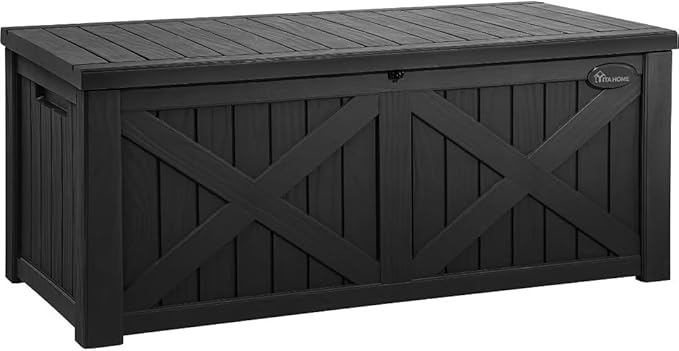 YITAHOME 150 Gallon Large Outdoor Storage Box with X-Shaped Front, Waterproof Resin Deck Box Cushion Storage Bench for Patio, Pool Supplies, Garden Tools - Lockable, Black