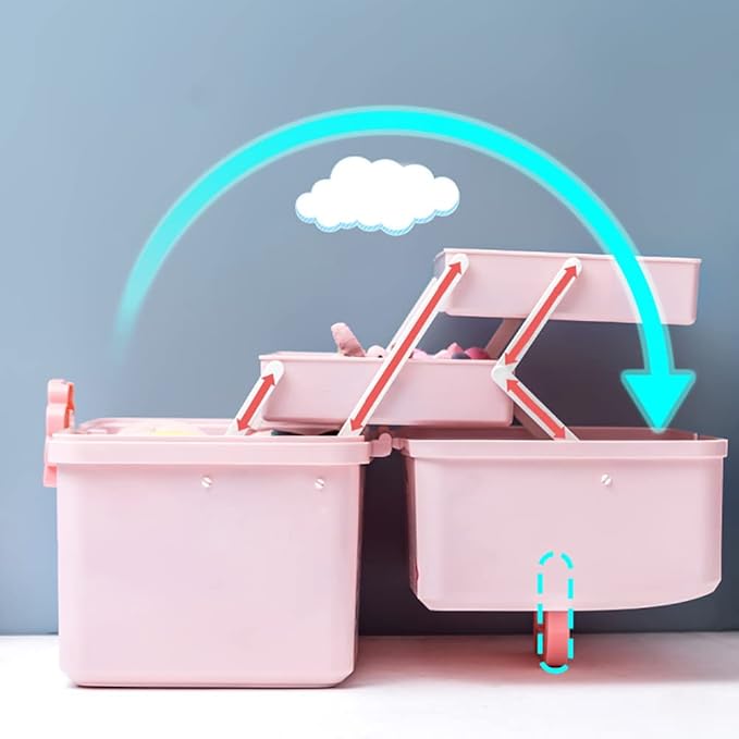 Kids Multi Layer Hair Accessories Organizer Storage Box with Stickers, Lids, and Handle - Plastic Hair Tie Holder for Toddler Girls