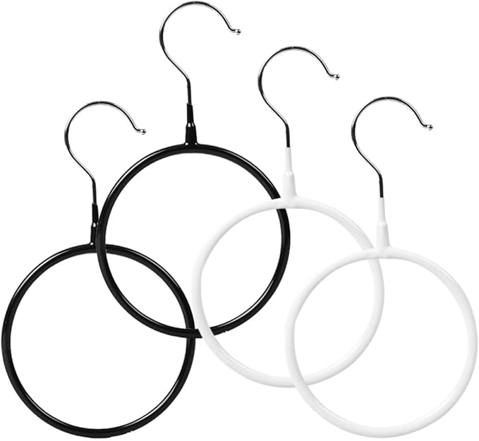 TOYANDONA 4pcs Round Scarf Hanger and Neck Tie Organizer Set, Metal Coat Closet Accessory with Plastic Coated Black and White Rings, Small Size for Scarf, Belt, and Tie Storage