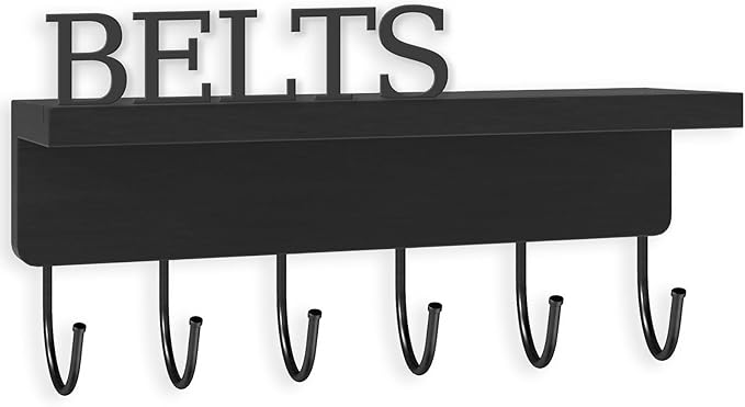 Belt Hanger Organizer for Closet, Wall Mount Belt Rack, Wooden Belt and Tie Organizer for Stores and Displays Mens Accessories (Length 9.8”) Black-Belts