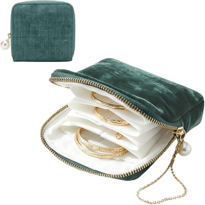Travel Jewelry Case, Small Velvet Jewelry Pouch Bag with Zipper, Mini Portable Organizer for Earrings Rings Necklaces, Anti-Scratch Portable Storage Bag (Peacock Green)