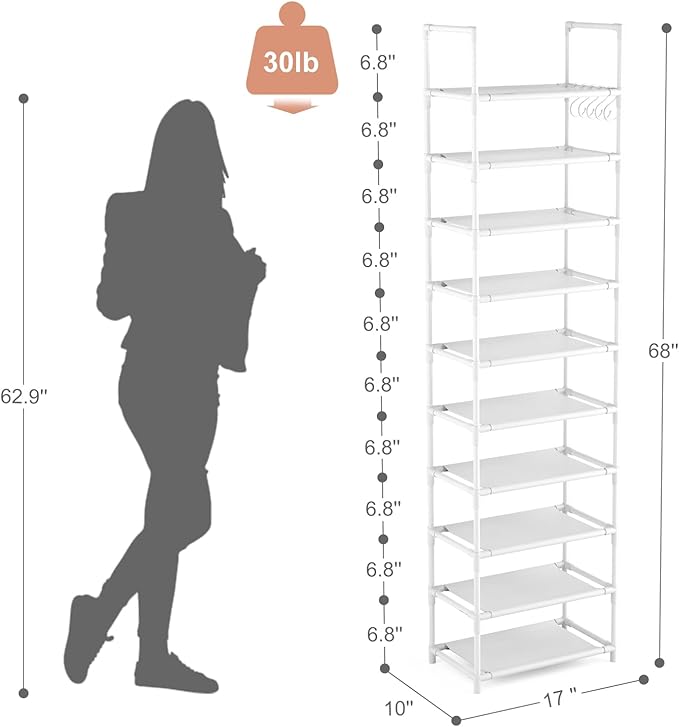 10 Tiers Tall Shoe Rack 20-25 Pairs Boots Organizer Storage Sturdy Narrow Shoe Shelf for Entryway, Closets with Hooks, White