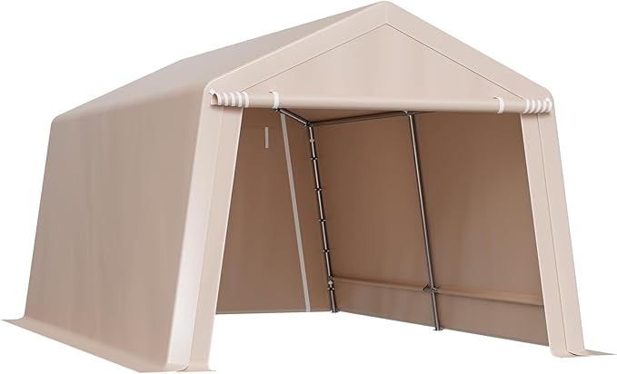 VEVOR 10 × 15 ft Outdoor Storage Shed Tent with Heavy-Duty Steel Frame, 2 Roll-Up Doors & Air Vents, Waterproof Portable Garage Carport Shelter for Motorcycle, Lawn Mower, Garden Tools – Beige