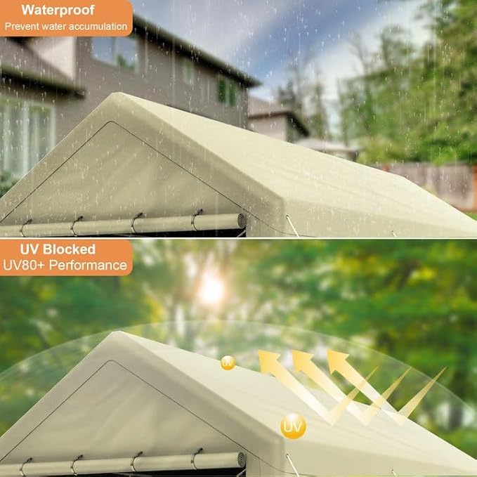 10x20 FT Heavy Duty Carport Car Tent Car Canopy Storage Shed, Portable Garage with Removable Sidewalls & Doors All-Season Tarp for Car,Truck,SUV,Party Beige