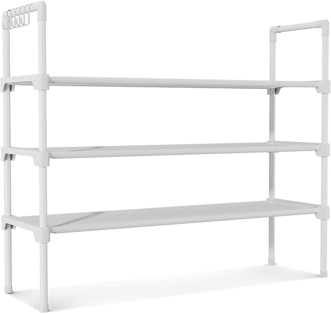 3 Tier Shoe Rack for Closet, Shoe Organizer with 5 Hooks, Long Shoe Shelf Storage for Shoe and Boot Stackable Free Standing Shoe Rack for Entryway, Garage, Small Spaces, Dorm, White