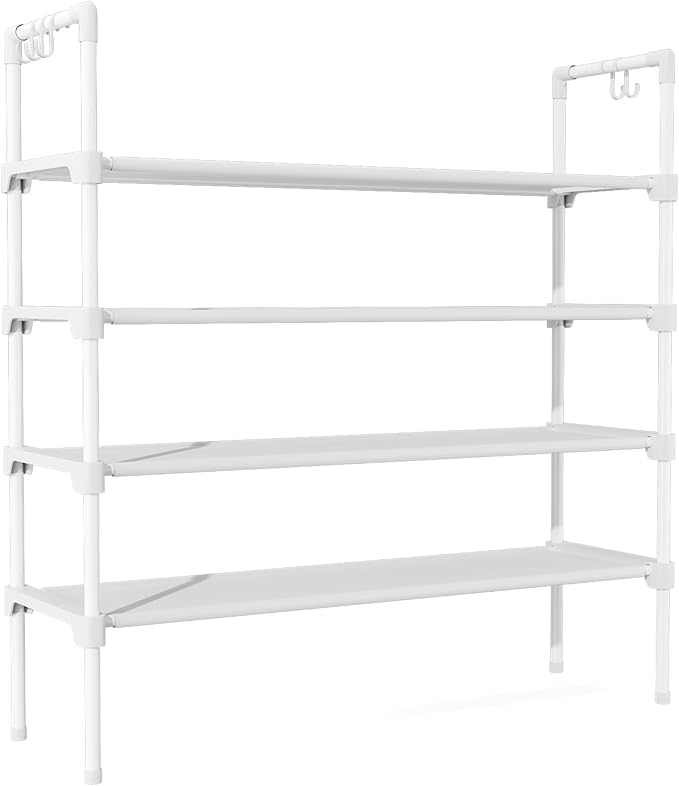 4 Tier Shoe Rack for Closet Shoe Organizer with 5 Hooks, Long Shoe Shelf Storage for Shoe and Boot Stackable Free Standing Shoe Rack for Entryway, Garage, Small Spaces, Dorm, White