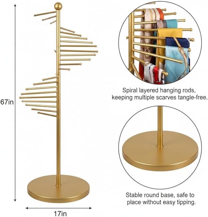 Multi-functional spiral organizer, free-standing design with 30 rods. Ideal for storing multiple scarves, hijabs, and clothes while saving space (42x170cm/17x67in). (gold)