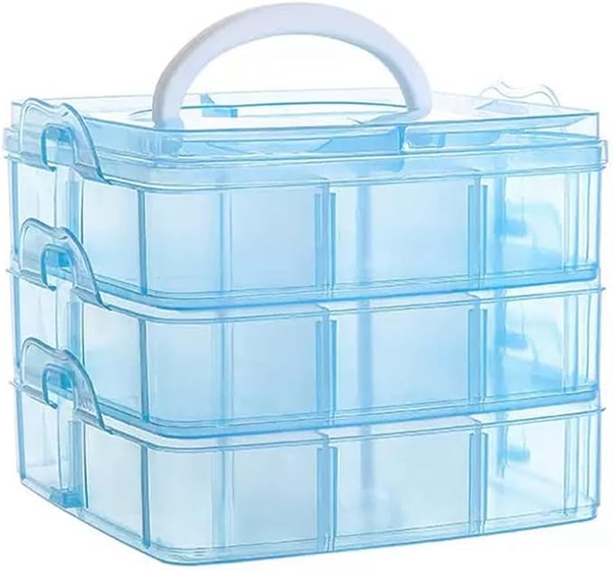 3-Tier Hair Accessories Storage Box, Clear Plastic Organizer with Handle, 5.9 x 5.9 x 5.1 in (Blue, 5.9 x 5.9 x 5.1 in)