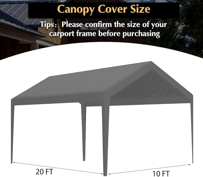 Carport Replacement Canopy, Replacement Top Cover for 10' x 20' Carport Frame, 180G PE Fabric Waterproof & UV Protected Tarp with Ball Bungees, Grey (Only Top Cover, Frame is not Included)