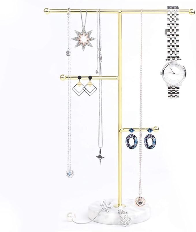 Practical Accessories Organizer Stand with Gold Iron Frame and Marble Base, 18.5 X 10 X 26 Cm Display Rack for Earrings, Necklaces, and Watches Storage