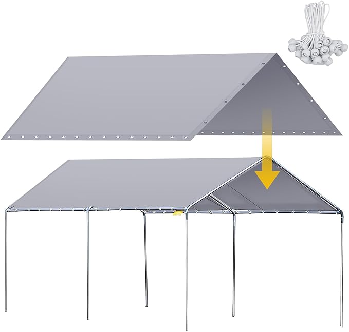 10 x 20 ft Heavy Duty Canopy Replacement Cover Waterproof Carport Garage Car Shelter Tarp Tent for Car Canopy with 50 Ball Bungees, Only Top Cover, Frame is Not Included