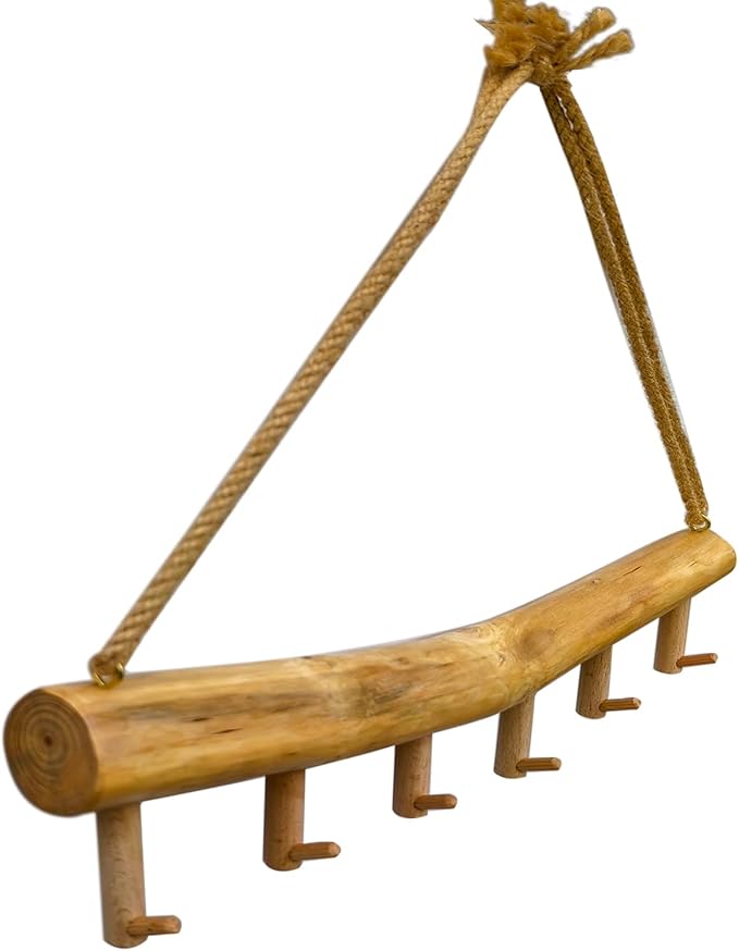 15.7-Inch Rustic Wood Wall Hanging Jewelry Organizer - Handmade Natural Wood Logs Branch Decor with 6 Hooks for Necklace, Earring, Bracelet Storage - Farmhouse, Cabin, Bathroom Home Décor