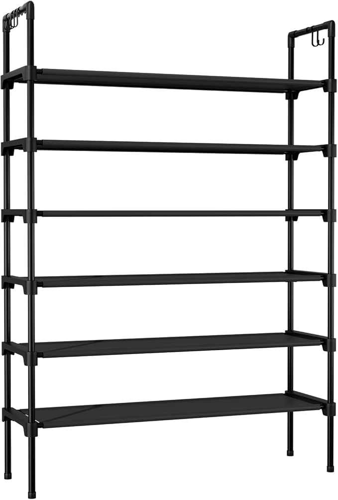 6 Tier Shoe Rack for Closet Shoe Organizer with 5 Hooks, Long Shoe Shelf Storage for Shoe and Boot Stackable Free Standing Shoe Rack for Entryway, Garage, Small Spaces, Dorm, Black