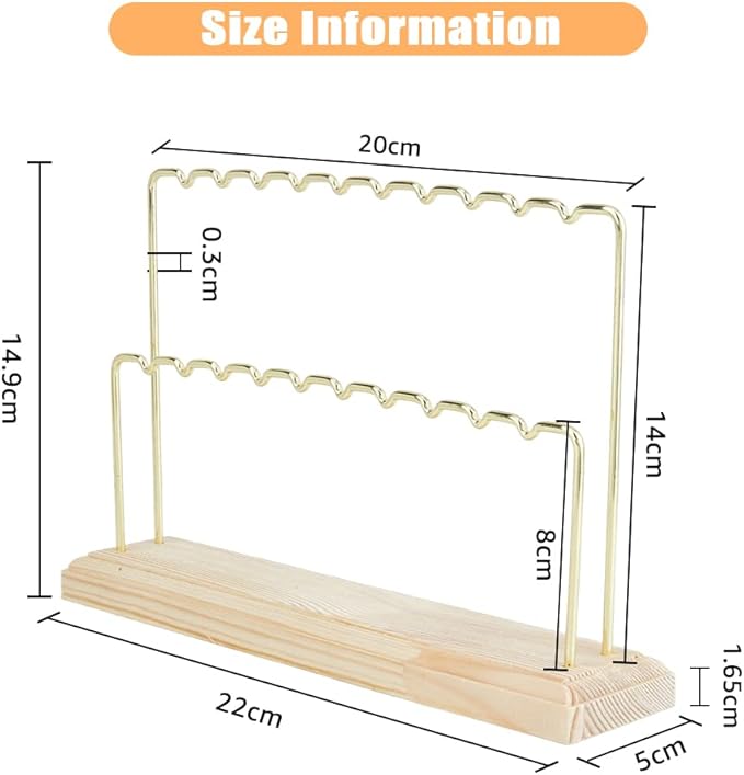 1Pcs 2-Tier Wood Earring Display Stand 8.66x5.9x1.97 Inch Long-Lasting Plated Metal Hanging Bar Stand with Iron Findings Golden Display Stands for Bracelet Necklace Earrings