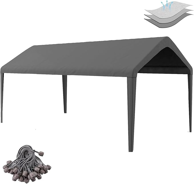 10x20 Carport Replacement Canopy Cover for Tent Top Garage Shelter Cover with Ball Bungees, 800D Oxford Replacement Cover Waterproof & UV Protection, Not Included Frame (Dark Gary)