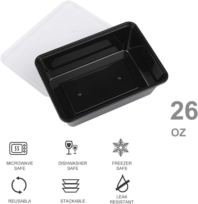 50-Pack Meal Prep Containers, 26 OZ Microwavable Reusable Food Containers with Lids for Food Prepping, Disposable Lunch Boxes, Plastic Food Boxes- Stackable, Freezer Dishwasher Healthy