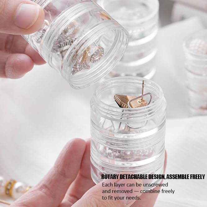 2 Pack 5-Layer Clear Jewelry Storage Organizer Box – Stackable Small Parts Container for Earrings, Rings, Beads, Pills, Crafts – Portable Transparent Plastic Screw Storage Jar Set