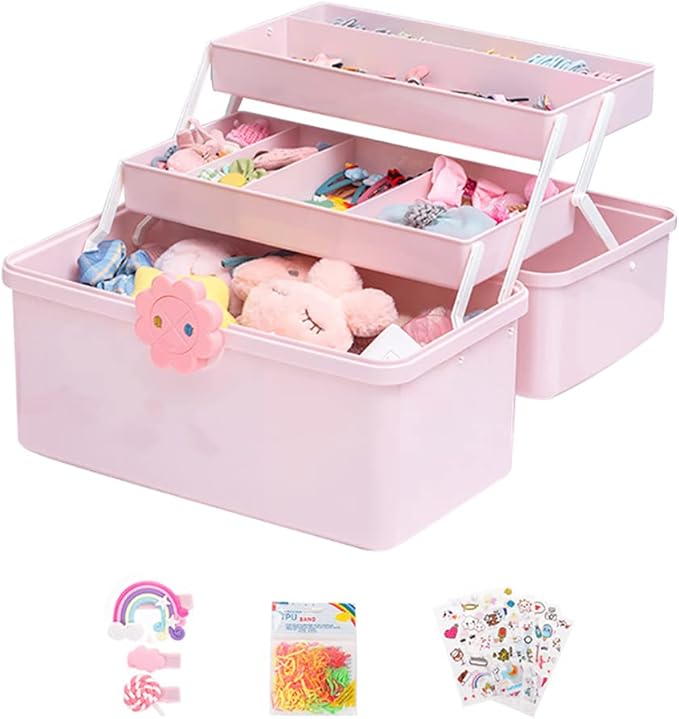 Kids Multi Layer Hair Accessories Organizer Storage Box with Stickers, Lids, and Handle - Plastic Hair Tie Holder for Toddler Girls