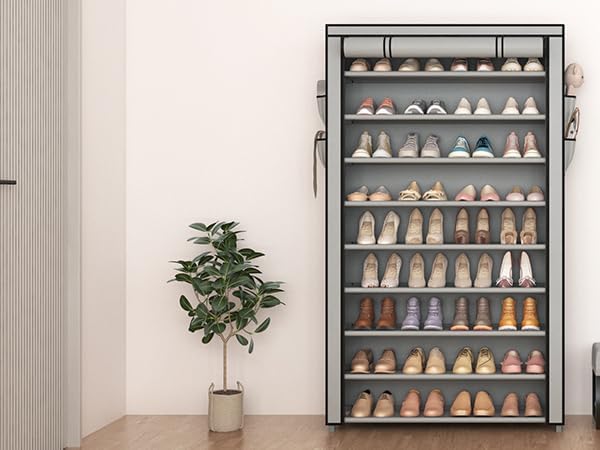Shoe Rack with Covers 10 Tier Tall Shoe Rack Organizer Large Capacity Shoe Shelf Storage 40 Pairs Space Saving Free Standing Shoe Storage Organizer for Closet, Entryway, Dorm, Grey