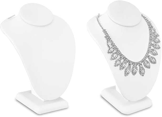 MOOCA 2 Pcs Set Small Necklace Chain Jewelry Bust Display Holder Stand, Necklaces Display Mannequin, Necklace Bust, Jewelry Stand 6 1/4 in H, 3 7/8" W x 2. 5/8" D x 61/4" H, White Leatherette
