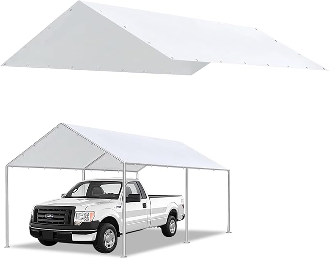 10 x 20 Ft Carport Replacement Canopy Cover Garage Top Tent Shelter Heavy Duty Waterproof UV & Tear Resistant Carport Cover Easy Assembly, White (Only Cover, Frame Not Include)