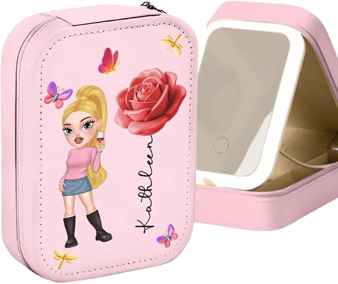 Petal Queen, Customized Bestie Jewelry Box with LED Mirror, Personalized Woman Jewelry Case, Birth Month Flower Sister Jewelry Box, Cartoon Woman Travel Jewelry Case, Best Friend Gift, Sisters Gift