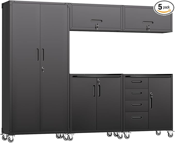 Garage Storage Cabinets System 5 PCS Workshop Set with Drawers Locking Heavy Duty Rolling Cart with Adjustable Shelves Garage Tool Workbench Cabinets (5 PCS-1, Black)
