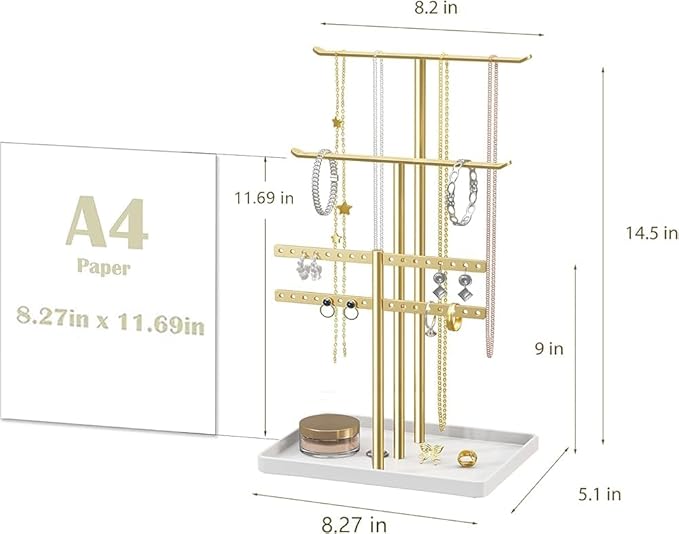 Gold Jewelry Organizer Stand, Heavy Duty Iron Necklace Holder with Tray, Anti-Rust Countertop Display for Earrings Bracelets Rings
