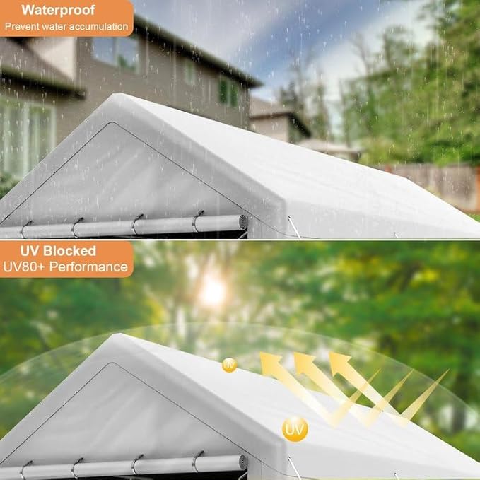 10x20 FT Heavy Duty Carport Car Tent Car Canopy Storage Shed, Portable Garage with Removable Sidewalls & Doors All-Season Tarp for Car,Truck,SUV,Party White