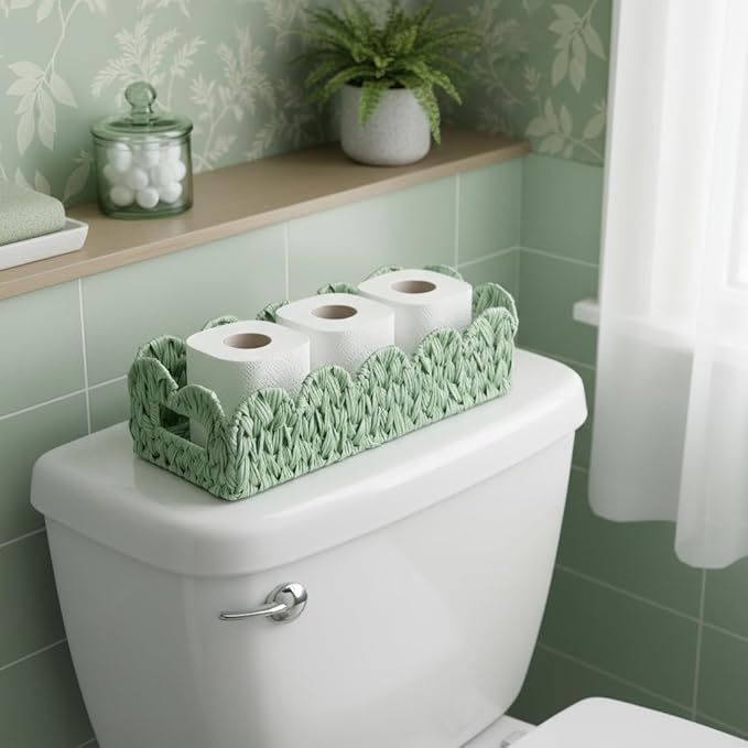 Green Toilet Tank Basket,Toilet Paper Storage Basket Bathroom Counter Organizer Wicker Baskets for Organizing,Holds Up to 3 Mega Rolls,Green Decor Bathroom