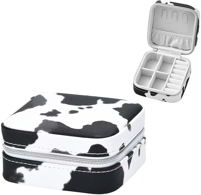 Jinglong Cattleprint Travel Jewelry Box, Compact and Adorable Doggy Jewelry Organizer, Suitable for Rings, Necklaces, and Earrings, Portable Jewelry Storage Box (Pink and white cow pattern)
