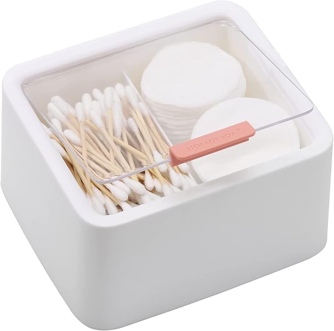 Tecbeauty 2pcs Qtips Holder - Middle Divider Cotton Pads Storage Dispenser Bathroom Organizer with Clear Hinged Lids for Cotton Balls Swabs Rounds-White & Blue