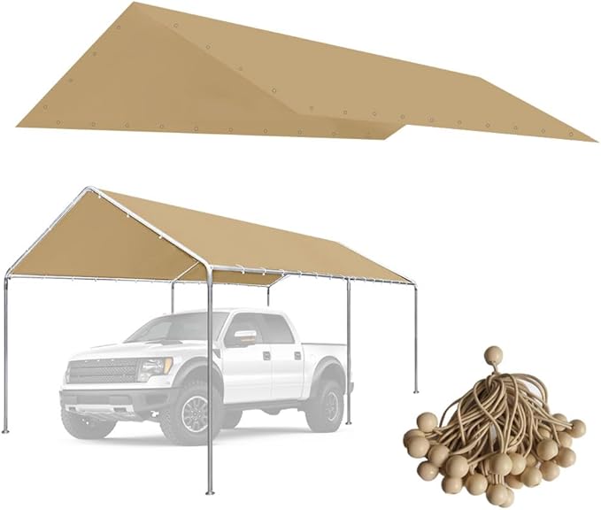 10'x20' Carport Replacement Canopy Cover for Top Tent Shelter Tarp with Ball Bungees Beige (Only Top Cover, Frame is not Included)