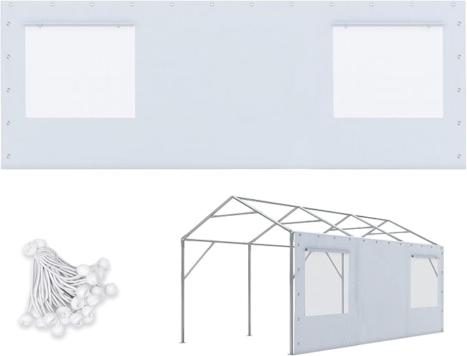 ADVANCE OUTDOOR Replacement Mesh Window Sidewall Tarp for 10/12x20 ft Carport Canopy, Heavy-Duty Waterproof & UV Protected, Easy Installation with Ball Bungees, White, One Sidewall Only