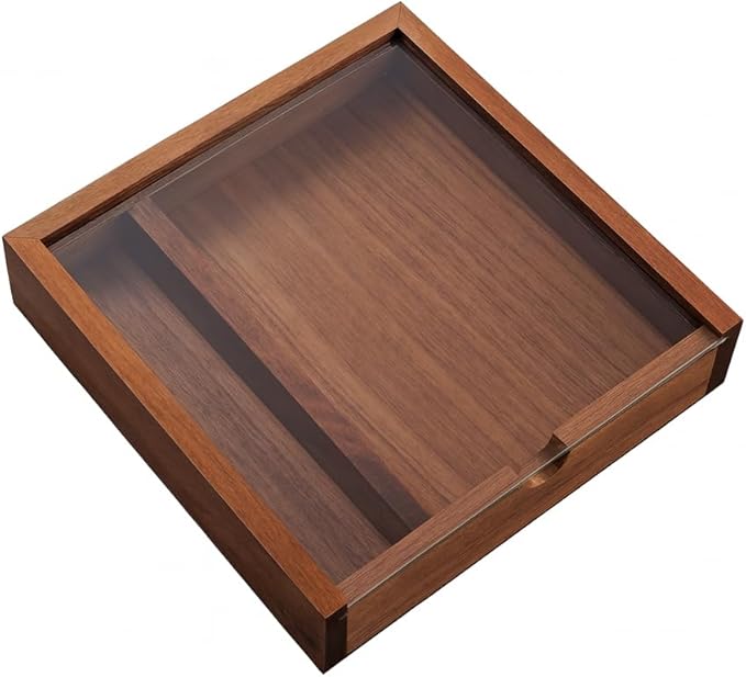 Walnut Wood Keepsake Box with Clear Acrylic Lid, Handmade Storage Box for Jewelry, Photos, Collectibles, Gifts (6.7 x 6.7 x 1.38 Inches)